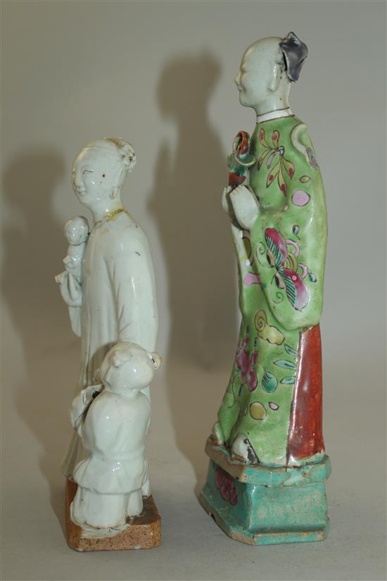 Two Chinese glazed biscuit porcelain figures or groups, late 18th / early 19th century, 17.5cm, both with slight losses